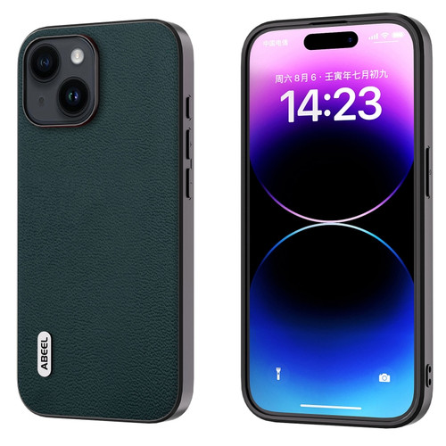 iPhone 15 Plus ABEEL Genuine Leather Luolai Series Phone Case - Dark Green