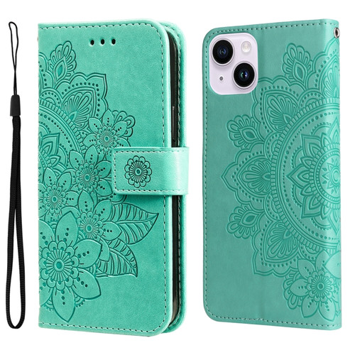 iPhone 15 Plus 7-petal Flowers Embossing Leather Phone Case - Green