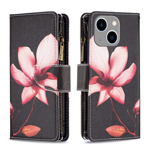 iPhone 15 Plus Colored Drawing Pattern Zipper Phone Leather Case - Lotus