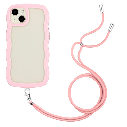 iPhone 15 Plus Lanyard Candy Color Wave TPU Clear PC Phone Case - Pink