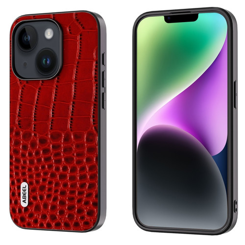 iPhone 15 Plus ABEEL Genuine Leather Crocodile Pattern Black Edge Phone Case - Red