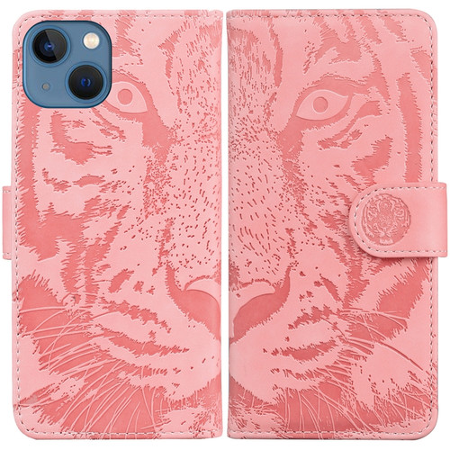 iPhone 15 Plus Tiger Embossing Pattern Leather Phone Case - Pink