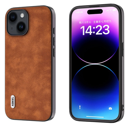 iPhone 15 Plus ABEEL Morocco Texture PU Phone Case - Brown