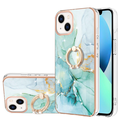 iPhone 15 Plus Electroplating Marble Pattern IMD TPU Shockproof Case with Ring Holder - Green 003