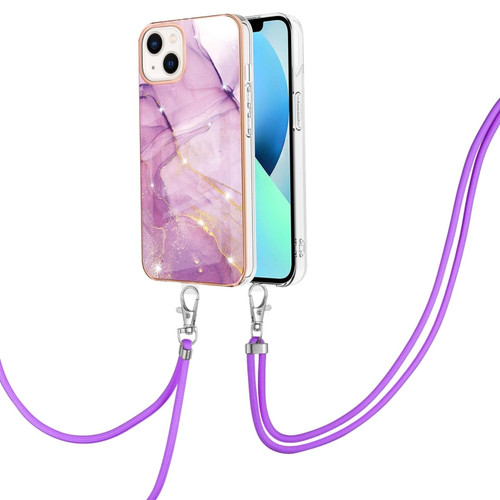 iPhone 15 Plus Electroplating Marble Pattern IMD TPU Shockproof Case with Neck Lanyard - Purple 001