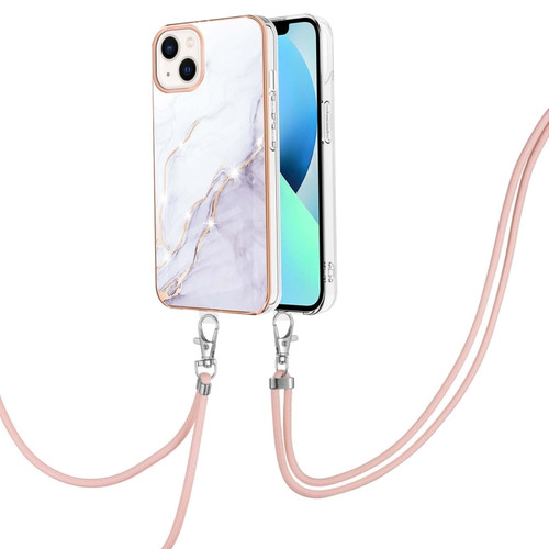 iPhone 15 Plus Electroplating Marble Pattern IMD TPU Shockproof Case with Neck Lanyard - White 006