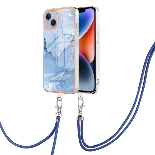 iPhone 15 Plus Electroplating Marble Dual-side IMD Phone Case with Lanyard - Blue 018