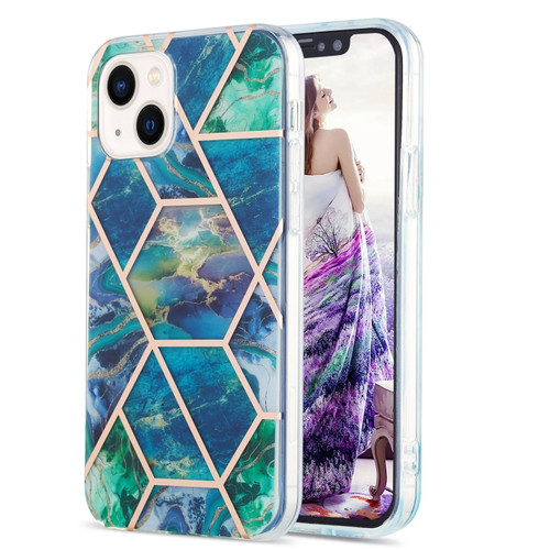 iPhone 15 Plus Electroplating Splicing Marble Flower Pattern Dual-side IMD TPU Shockproof Phone Case - Blue Green