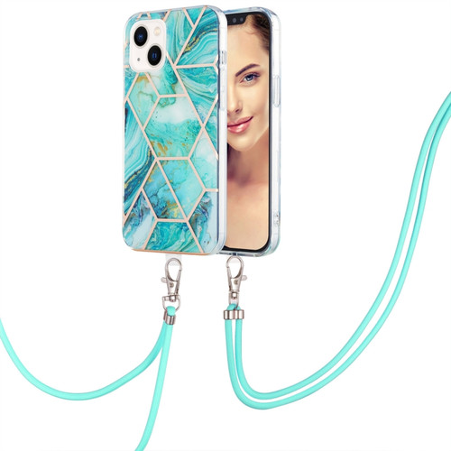 iPhone 15 Plus Electroplating Splicing Marble Pattern IMD TPU Shockproof Case with Neck Lanyard - Blue