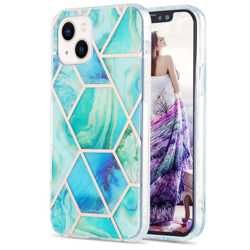 iPhone 15 Plus Electroplating Splicing Marble Flower Pattern Dual-side IMD TPU Shockproof Phone Case - Green