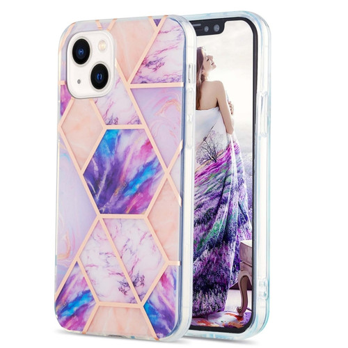 iPhone 15 Plus Electroplating Splicing Marble Flower Pattern Dual-side IMD TPU Shockproof Phone Case - Light Purple