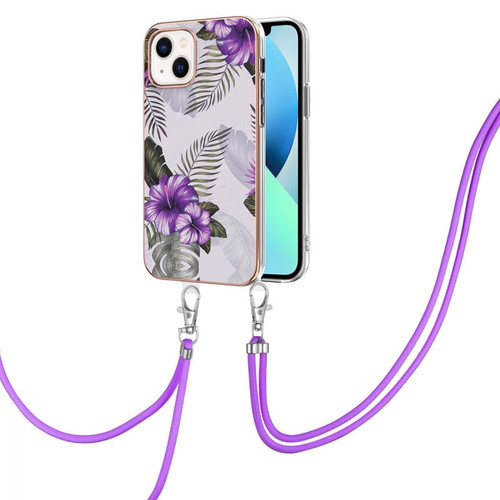 iPhone 15 Plus Electroplating Pattern IMD TPU Shockproof Case with Neck Lanyard - Purple Flower