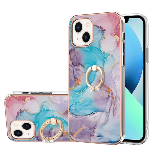 iPhone 15 Plus Electroplating Pattern IMD TPU Shockproof Case with Rhinestone Ring Holder - Milky Way Blue Marble