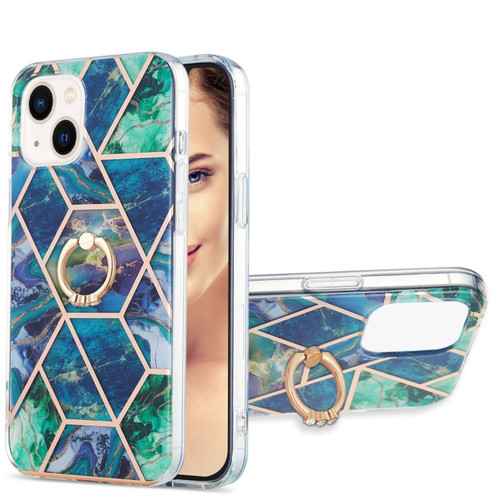 iPhone 15 Plus Electroplating Splicing Marble Pattern IMD TPU Shockproof Case with Ring Holder - Blue Green