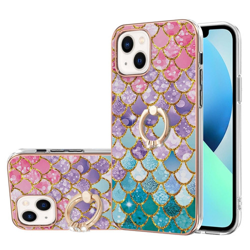 iPhone 15 Plus Electroplating Pattern IMD TPU Shockproof Case with Rhinestone Ring Holder - Colorful Scales