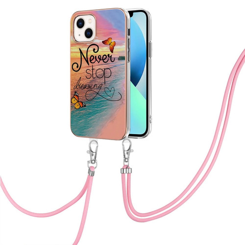 iPhone 15 Plus Electroplating Pattern IMD TPU Shockproof Case with Neck Lanyard - Dream Chasing Butterfly
