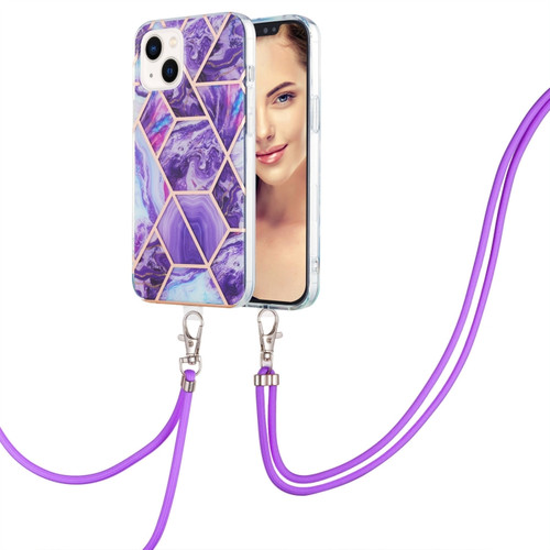 iPhone 15 Plus Electroplating Splicing Marble Pattern IMD TPU Shockproof Case with Neck Lanyard - Dark Purple