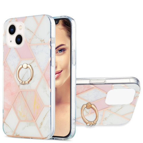iPhone 15 Plus Electroplating Splicing Marble Pattern IMD TPU Shockproof Case with Ring Holder - Pink White
