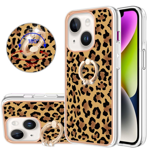 iPhone 15 Plus Electroplating Dual-side IMD Phone Case with Ring Holder - Leopard Print