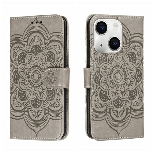 iPhone 15 Plus Sun Mandala Embossing Leather Phone Case - Grey