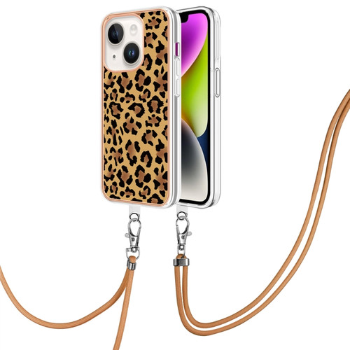 iPhone 15 Plus Electroplating Dual-side IMD Phone Case with Lanyard - Leopard Print