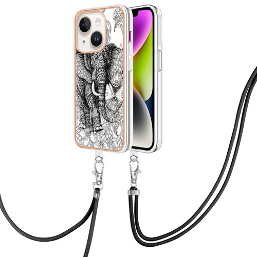 iPhone 15 Plus Electroplating Dual-side IMD Phone Case with Lanyard - Totem Elephant