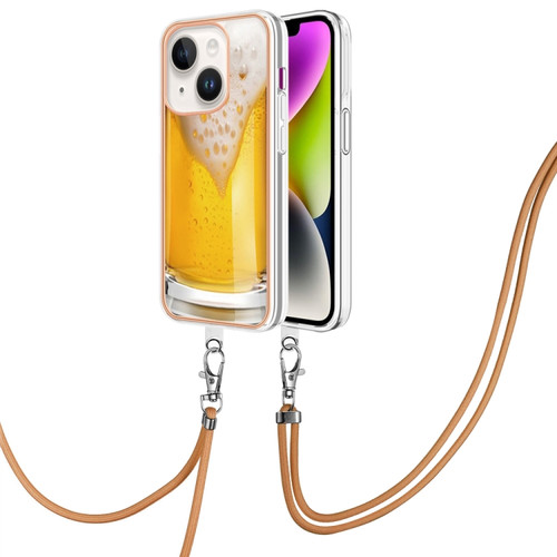 iPhone 15 Plus Electroplating Dual-side IMD Phone Case with Lanyard - Draft Beer