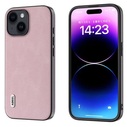 iPhone 15 Plus ABEEL Cowhide Texture PU Phone Case - Pink