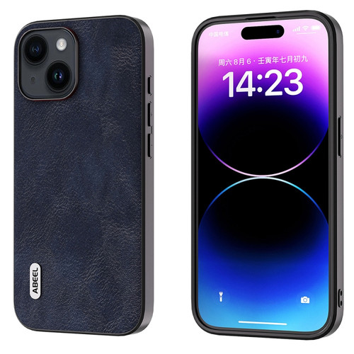 iPhone 15 Plus ABEEL Cowhide Texture PU Phone Case - Blue