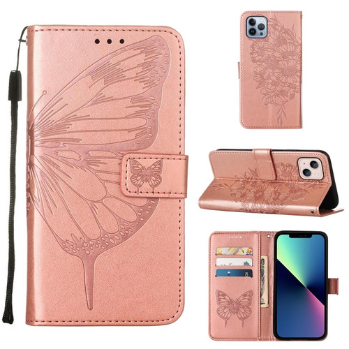 iPhone 15 Plus Embossed Butterfly Leather Phone Case - Rose Gold