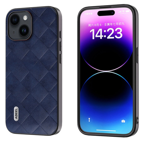 iPhone 15 Plus ABEEL Weave Plaid PU Phone Case - Blue