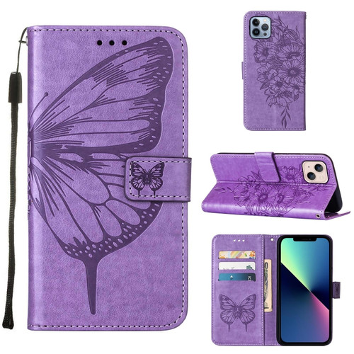 iPhone 15 Plus Embossed Butterfly Leather Phone Case - Light Purple