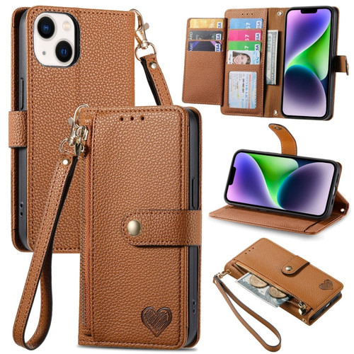 iPhone 15 Plus Love Zipper Lanyard Leather Phone Case - Brown