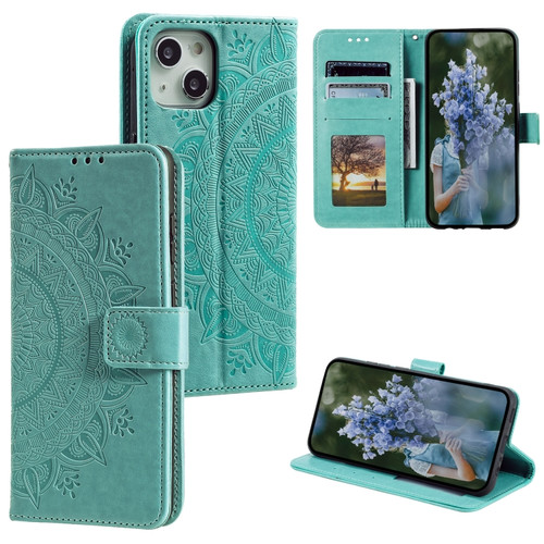 iPhone 15 Plus Totem Flower Embossed Leather Phone Case - Green