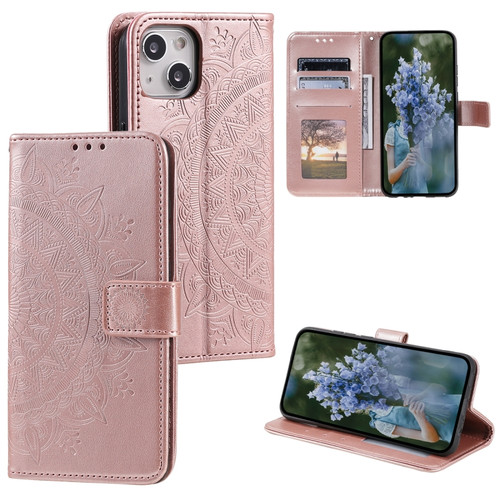 iPhone 15 Plus Totem Flower Embossed Leather Phone Case - Rose Gold