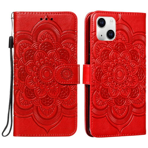 iPhone 15 Plus Mandala Embossing Pattern Horizontal Flip Leather Phone Case - Red