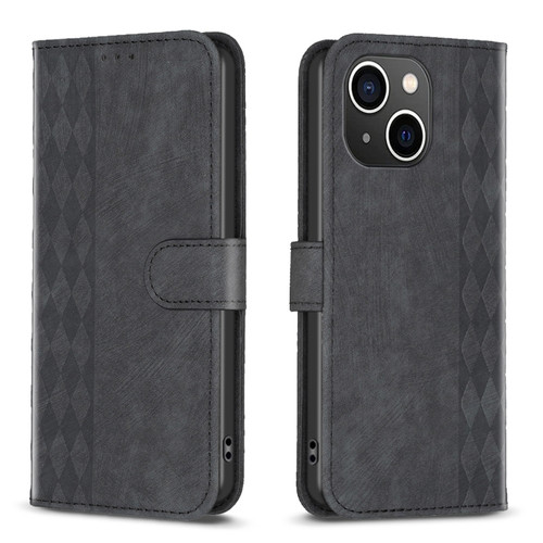 iPhone 15 Plus Plaid Embossed Leather Phone Case - Black