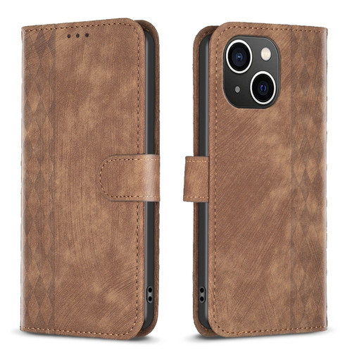 iPhone 15 Plus Plaid Embossed Leather Phone Case - Brown