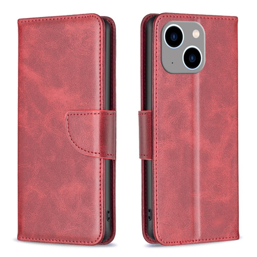 iPhone 15 Plus Lambskin Texture Pure Color Flip Leather Phone Case - Red