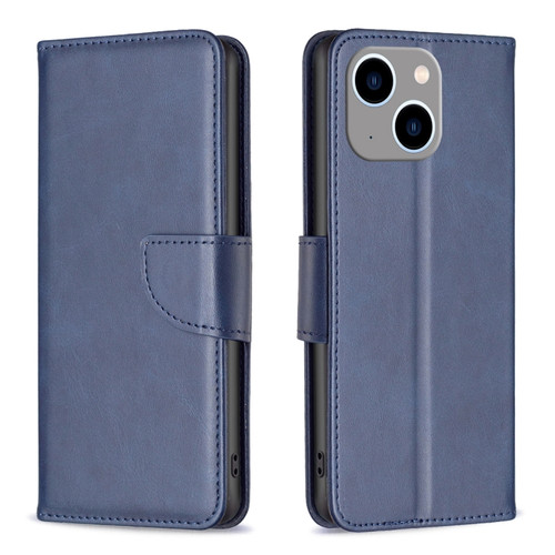 iPhone 15 Plus Lambskin Texture Pure Color Flip Leather Phone Case - Blue