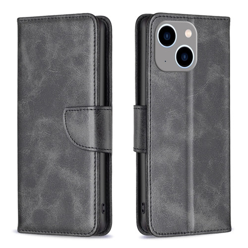 iPhone 15 Plus Lambskin Texture Pure Color Flip Leather Phone Case - Black