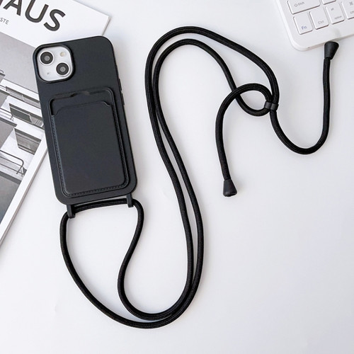 iPhone 15 Plus Crossbody Lanyard Elastic Silicone Card Holder Phone Case - Black