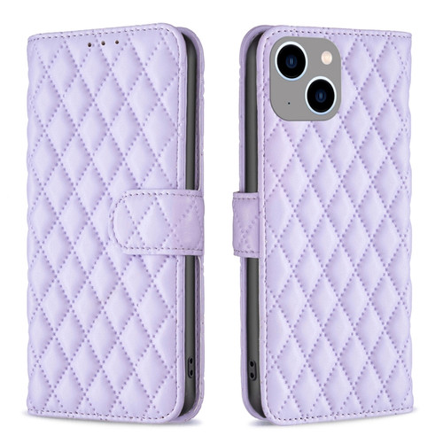 iPhone 15 Plus Diamond Lattice Wallet Flip Leather Phone Case - Purple