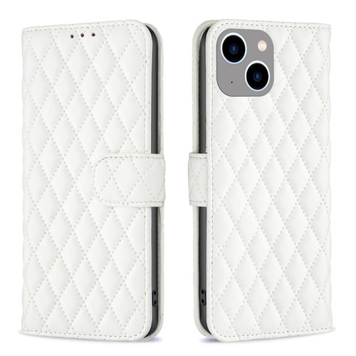 iPhone 15 Plus Diamond Lattice Wallet Flip Leather Phone Case - White