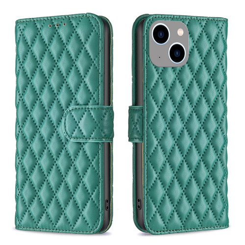 iPhone 15 Plus Diamond Lattice Wallet Flip Leather Phone Case - Green