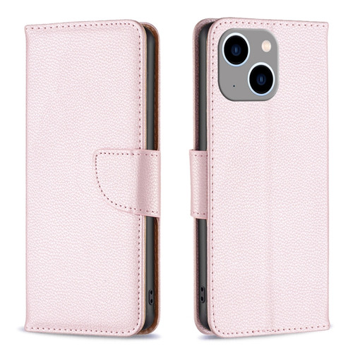 iPhone 15 Plus Litchi Texture Pure Color Flip Leather Phone Case - Rose Gold
