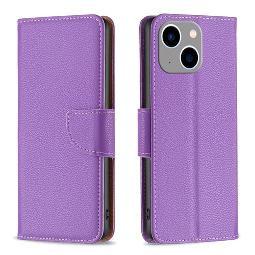 iPhone 15 Plus Litchi Texture Pure Color Flip Leather Phone Case - Purple