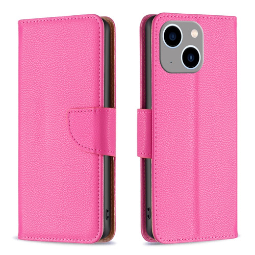 iPhone 15 Plus Litchi Texture Pure Color Flip Leather Phone Case - Rose Red