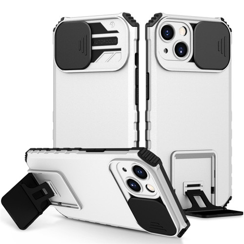 iPhone 15 Plus Stereoscopic Holder Sliding Camshield Phone Case - White