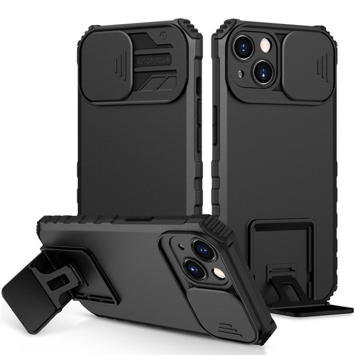 iPhone 15 Plus Stereoscopic Holder Sliding Camshield Phone Case - Black